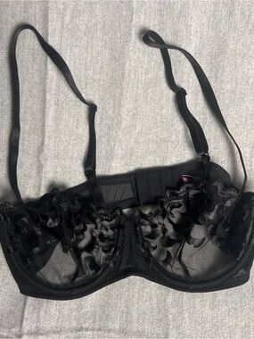 Adore Me Black Sheer Lace Underwire Bra with Floral Trim